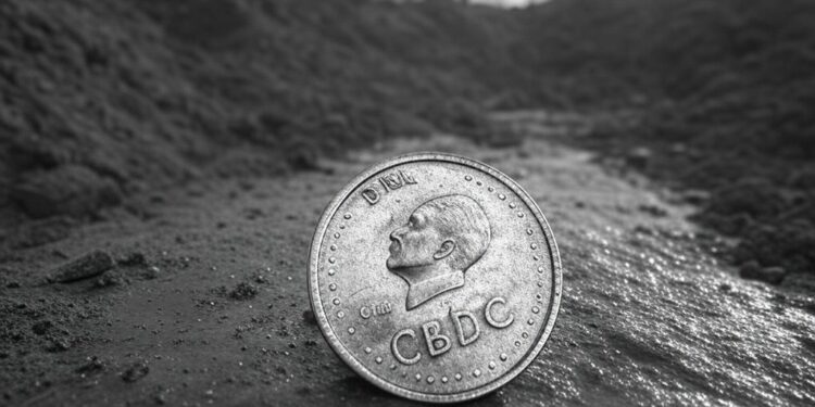 una moneda de banco central CBDC en un trinchera de guerra de la segunda guerra mundial, vista isometrica en blanco y negro. Generar imagen
