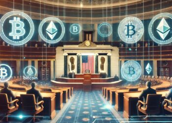 Imagen estilo comic del interior del Congreso de EEUU con monedas de bitcoin repartidas por la sala