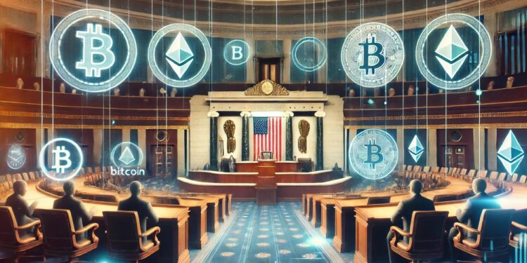 Imagen estilo comic del interior del Congreso de EEUU con monedas de bitcoin repartidas por la sala