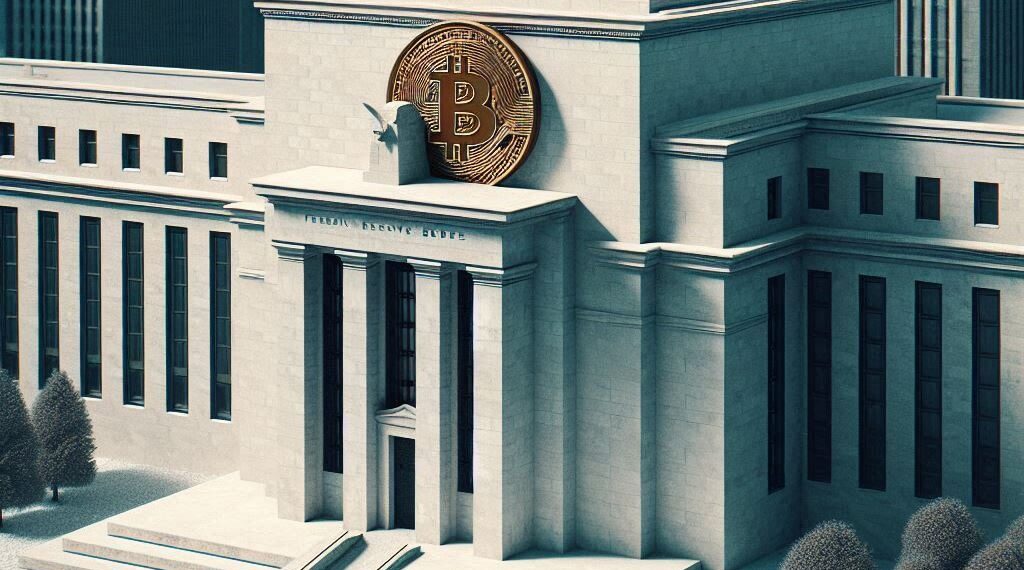 edificio de la reserva federal con un bitcoin, estilo brutalista