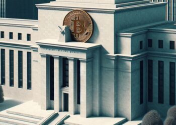 edificio de la reserva federal con un bitcoin, estilo brutalista