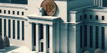 edificio de la reserva federal con un bitcoin, estilo brutalista