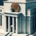 edificio de la reserva federal con un bitcoin, estilo brutalista