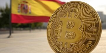 Bandera España con moneda bitcoin