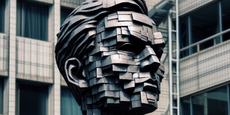 estatua de satoshi nakamoto, estilo brutalista
