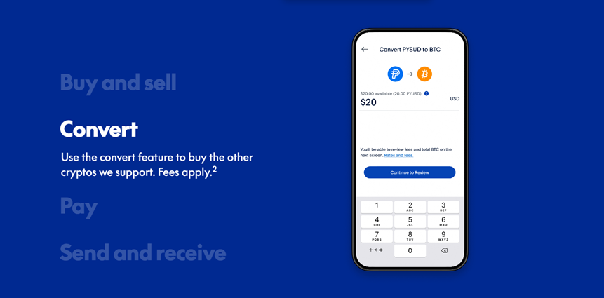 Plataforma de Paypal explica cómo comprar, vender y convertir PYUSD en otra criptomoneda.
