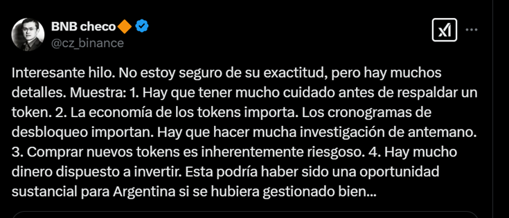 Opinión de CZ en su cuenta de X.