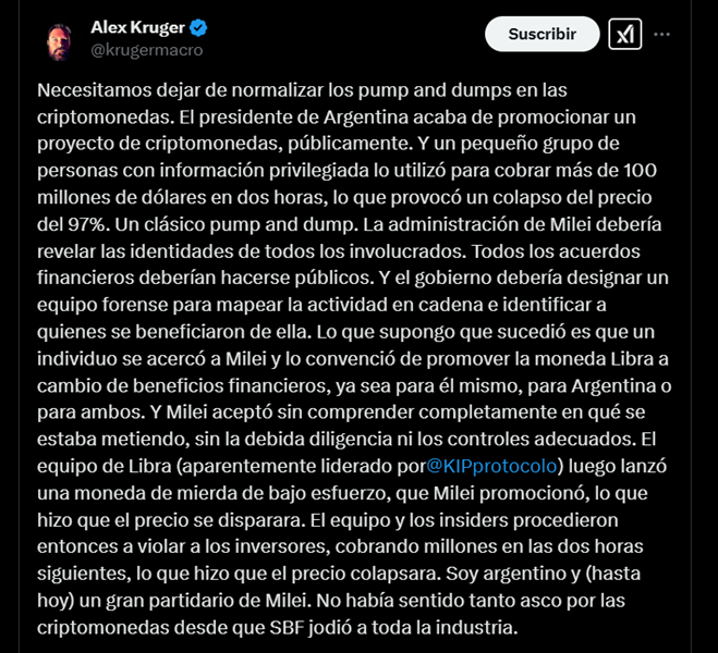 Alex Kruger manifestó una opinión mucho más tajante sobre $LIBRA.