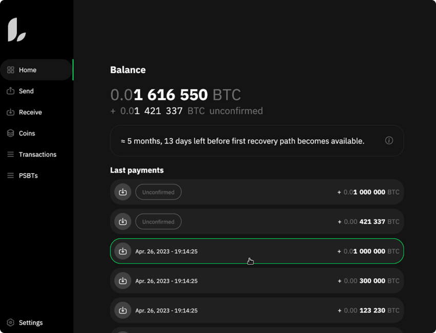 Ejemplo de una wallet de herencia, en este caso Liana Wallet. 