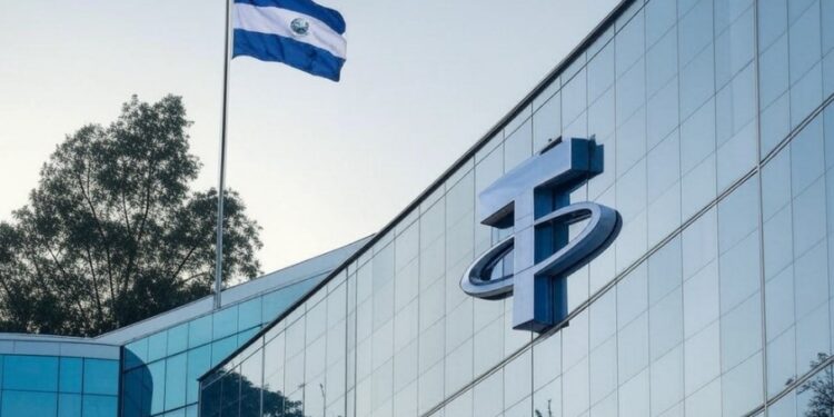 Un edificio con el logo de Tether y sobre él una bandera de El Salvador.