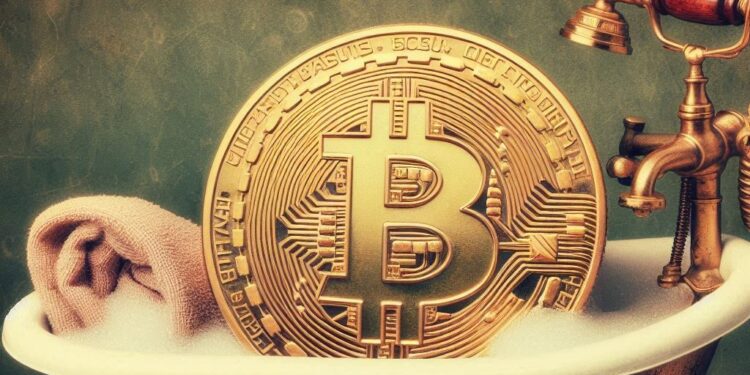 un bitcoin lleno de jabon en una bañera, estilo publicidad antigua