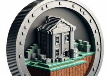 un edificio tokenizado en una moneda, estilo minecraft