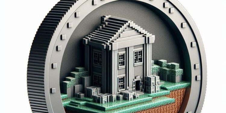 un edificio tokenizado en una moneda, estilo minecraft