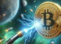 un rayo atravesando un bitcoin, estilo opera espacial