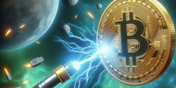 un rayo atravesando un bitcoin, estilo opera espacial