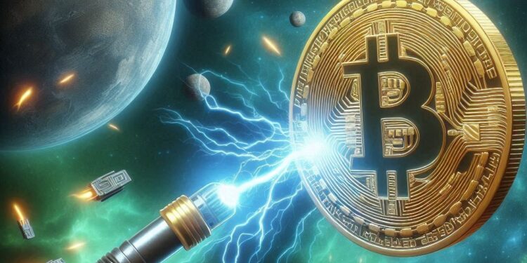 un rayo atravesando un bitcoin, estilo opera espacial