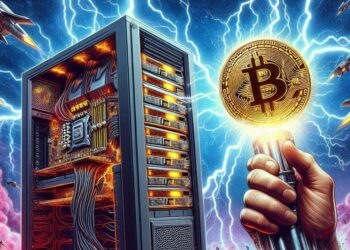 un superordenador emitiendo un rayo en el espacio y quebrando un bitcoin por la mitad, estilo frank frazzeta