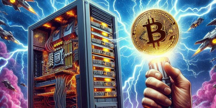 un superordenador emitiendo un rayo en el espacio y quebrando un bitcoin por la mitad, estilo frank frazzeta