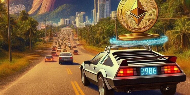 una cadena de bloques de Ethereum viajando hacia atras en el tiempo, estilo Brazil de Terry Gilliam