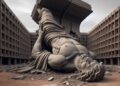una estatua derrocada en el suelo, estilo brutalismo