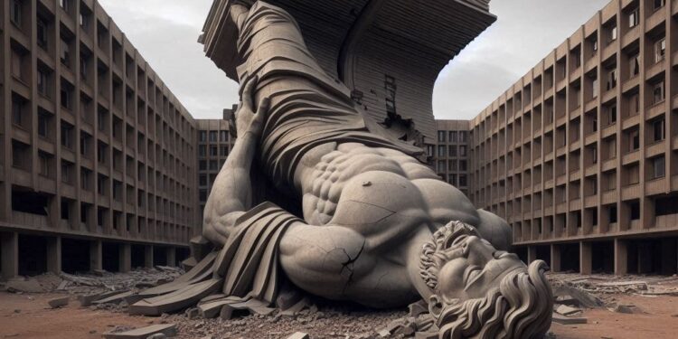 una estatua derrocada en el suelo, estilo brutalismo