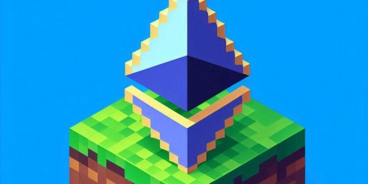 una raíz el logo de Ethereum en pequeño, estilo minecraft