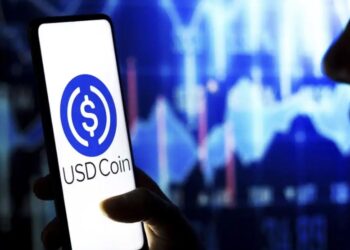 Una persona sostiene un móvil que tiene el logo de USDC en la pantalla, con gráficos de precio al fondo