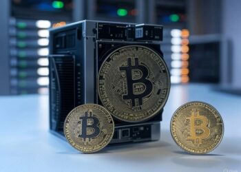 Un mini ASIC de bitcoin con monedas de BTC.