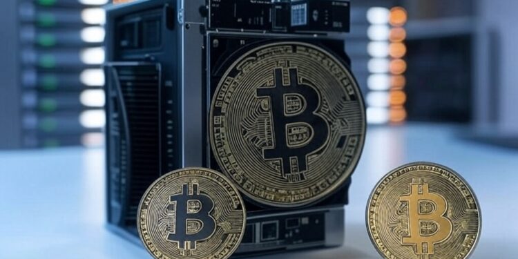 Un mini ASIC de bitcoin con monedas de BTC.
