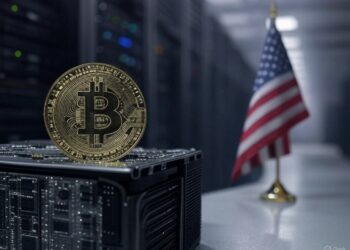 Un ASIC de BTC junto a una bandera de EE. UU.