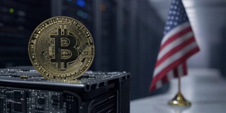 Un ASIC de BTC junto a una bandera de EE. UU.