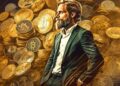 Hombre en traje negro casual al lado de una montaña de criptomonedas.