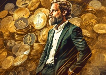 Hombre en traje negro casual al lado de una montaña de criptomonedas.