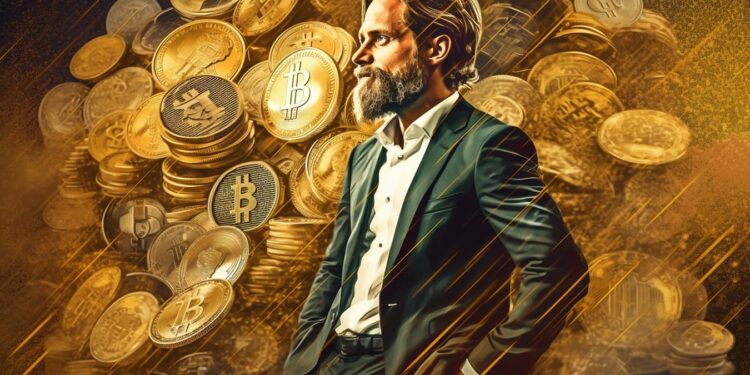 Hombre en traje negro casual al lado de una montaña de criptomonedas.