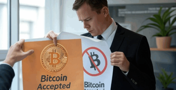 Un hombre sostiene carteles con el logo de Bitcoin