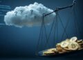 Una balanza con monedas de bitcoin de un lado y en el otro lado, una nube con interrogantes inclina la balanza a su favor