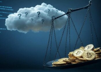 Una balanza con monedas de bitcoin de un lado y en el otro lado, una nube con interrogantes inclina la balanza a su favor
