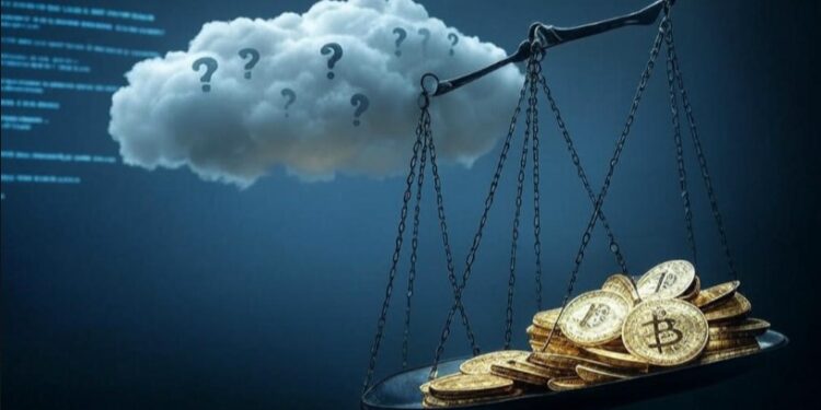 Una balanza con monedas de bitcoin de un lado y en el otro lado, una nube con interrogantes inclina la balanza a su favor