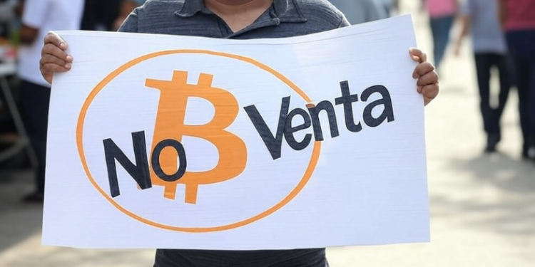 Una persona sostiene un cartel en el que se lee que Bitcoin no está en venta.