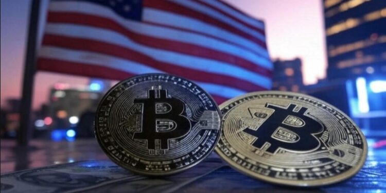Bandera de EE. UU., bitcoin, billetes