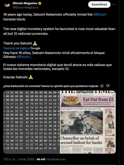 La portada de The Times que Satoshi Nakamoto incluyó  en el bloque Génesis.