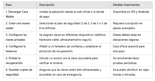 Imagen que especifica paso a paso como se configura la wallet Casa