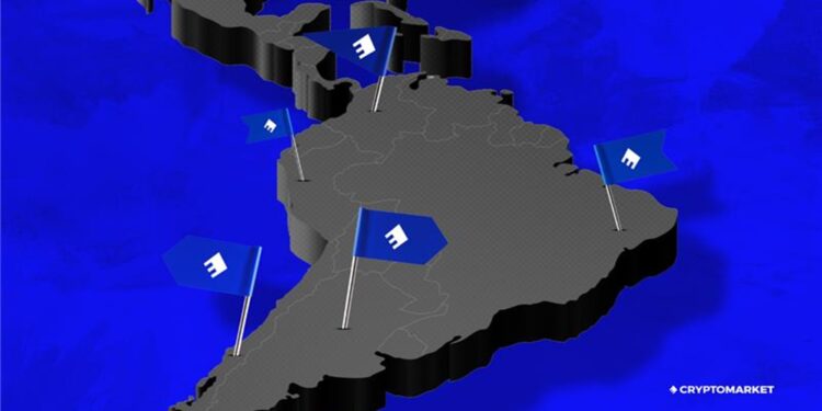 Mapa de Suramérica en color gris oscuro con banderines con el logo de CryptoMKT.