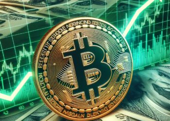 Una moneda de bitcoin, rodeada de billetes de dólar y una flecha verde alcista.