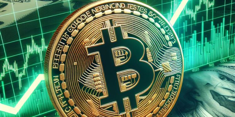 Una moneda de bitcoin, rodeada de billetes de dólar y una flecha verde alcista.