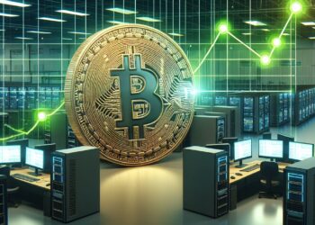 Una moneda de bitcoin gigante en una habitación con computadoras y gráfico en verde