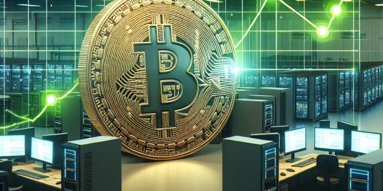 Una moneda de bitcoin gigante en una habitación con computadoras y gráfico en verde