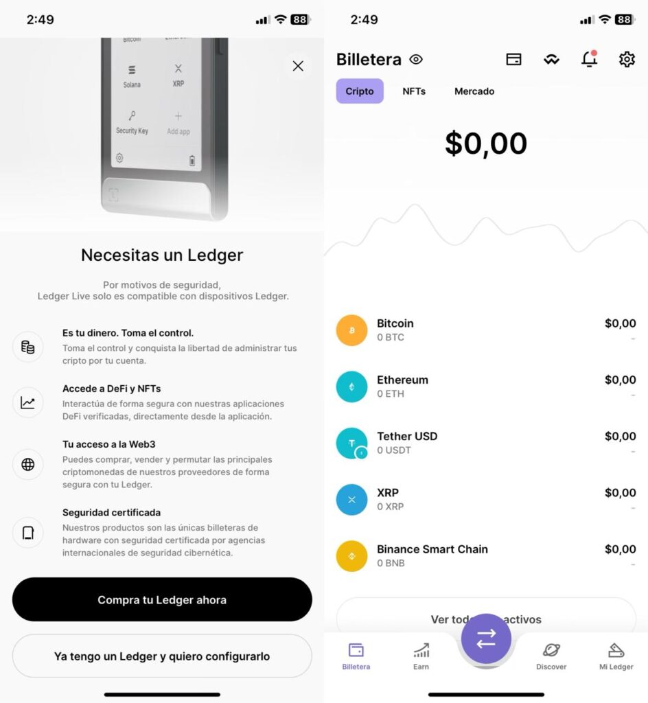 Aplicación móvil de la wallet con su portafolio y servicios