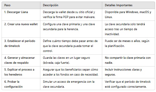 Imagen que especifica paso a paso como se configura la wallet Liana