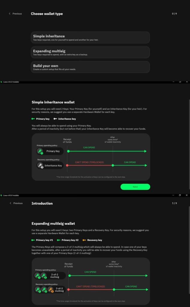 Captura de pantalla de la wallet Liana, con las opciones que ofrece